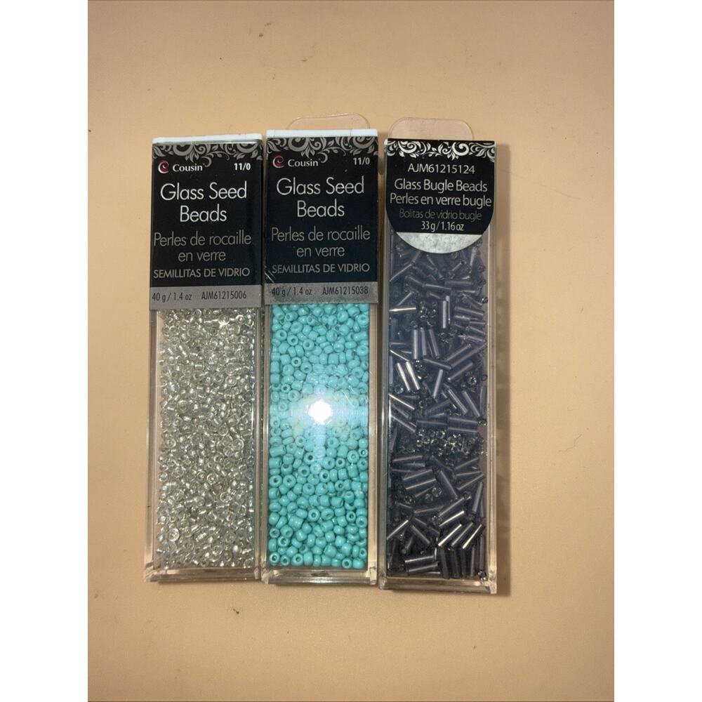 3-Cousin DIY 1.41 & 1.16 Oz. Silver, Clear & Teal Seed Beads New Old Stock